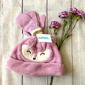 NWT Carter’s Purple Fox Hat & Mittens Set 2T-4T
